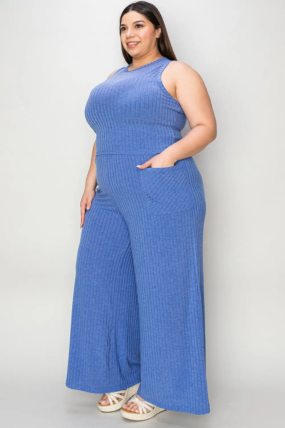 Basic Bae Full Size Ribbed Tank and Wide Leg Pants Set - Gray / S