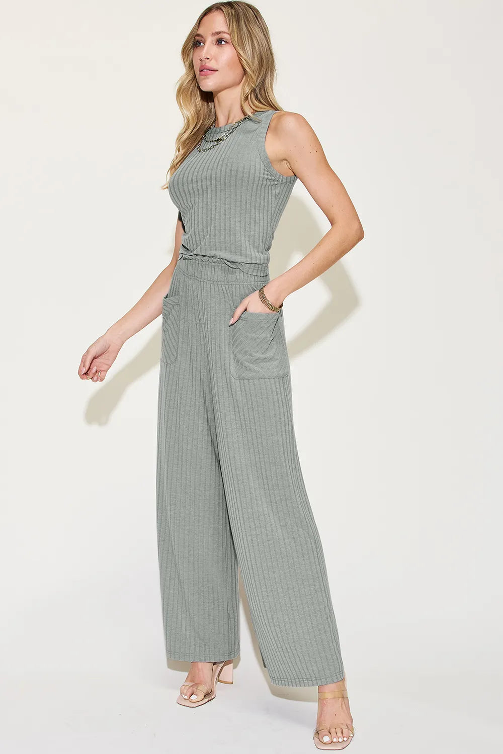 Basic Bae Full Size Ribbed Tank and Wide Leg Pants Set - Gray / S