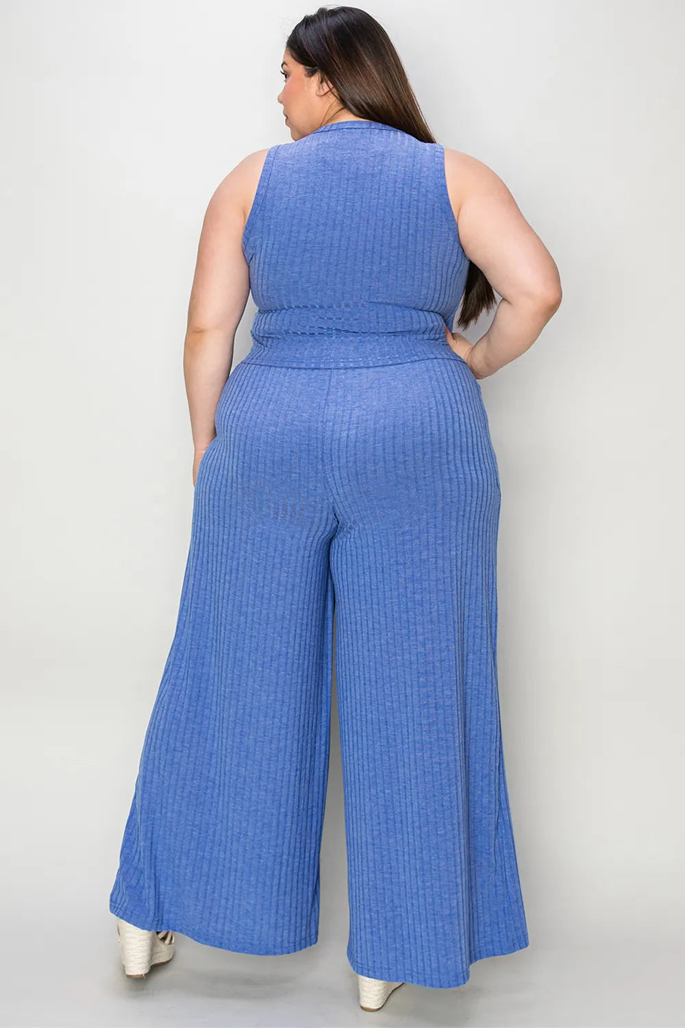 Basic Bae Full Size Ribbed Tank and Wide Leg Pants Set - Gray / S