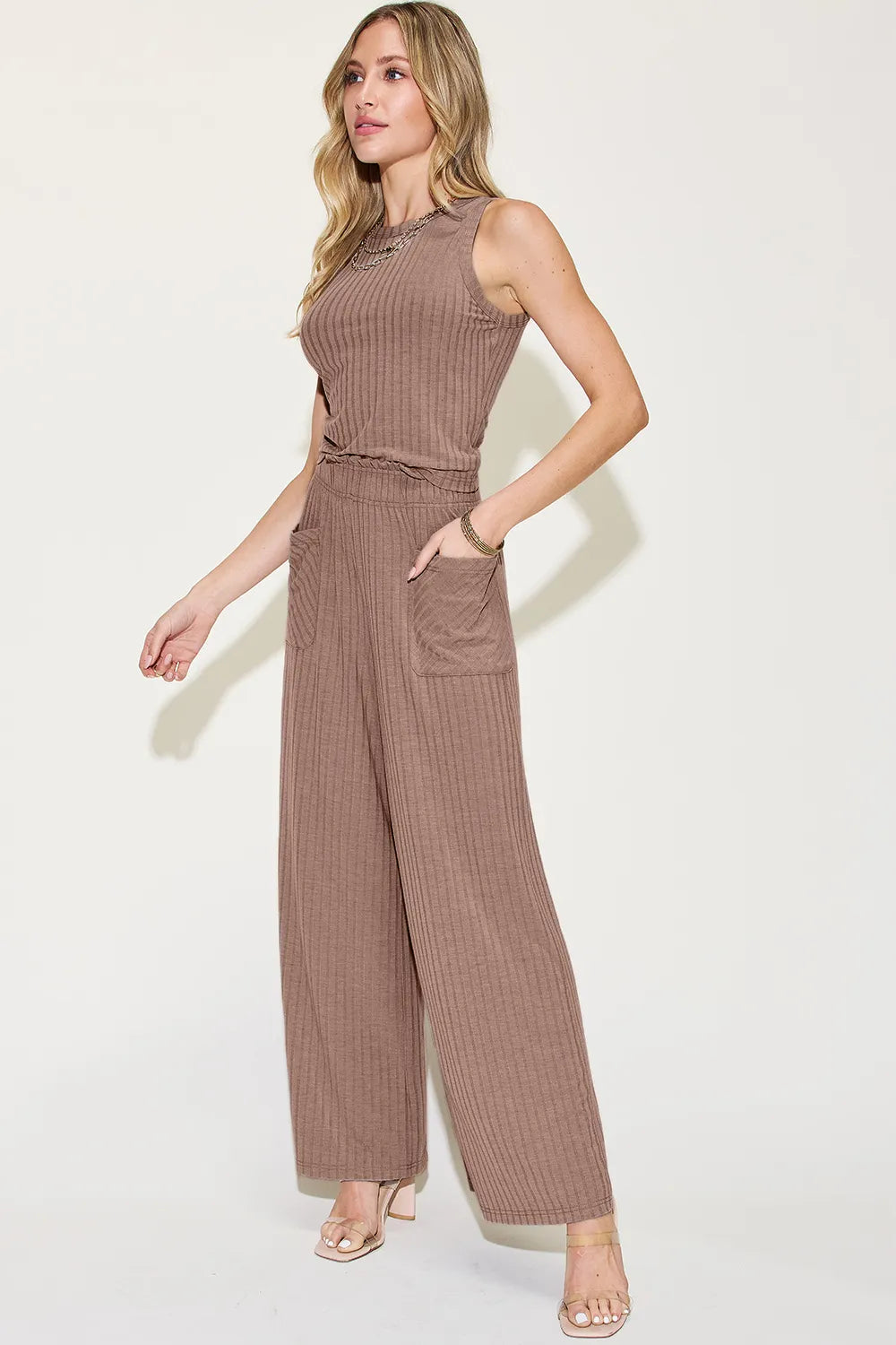 Basic Bae Full Size Ribbed Tank and Wide Leg Pants Set - Gray / S