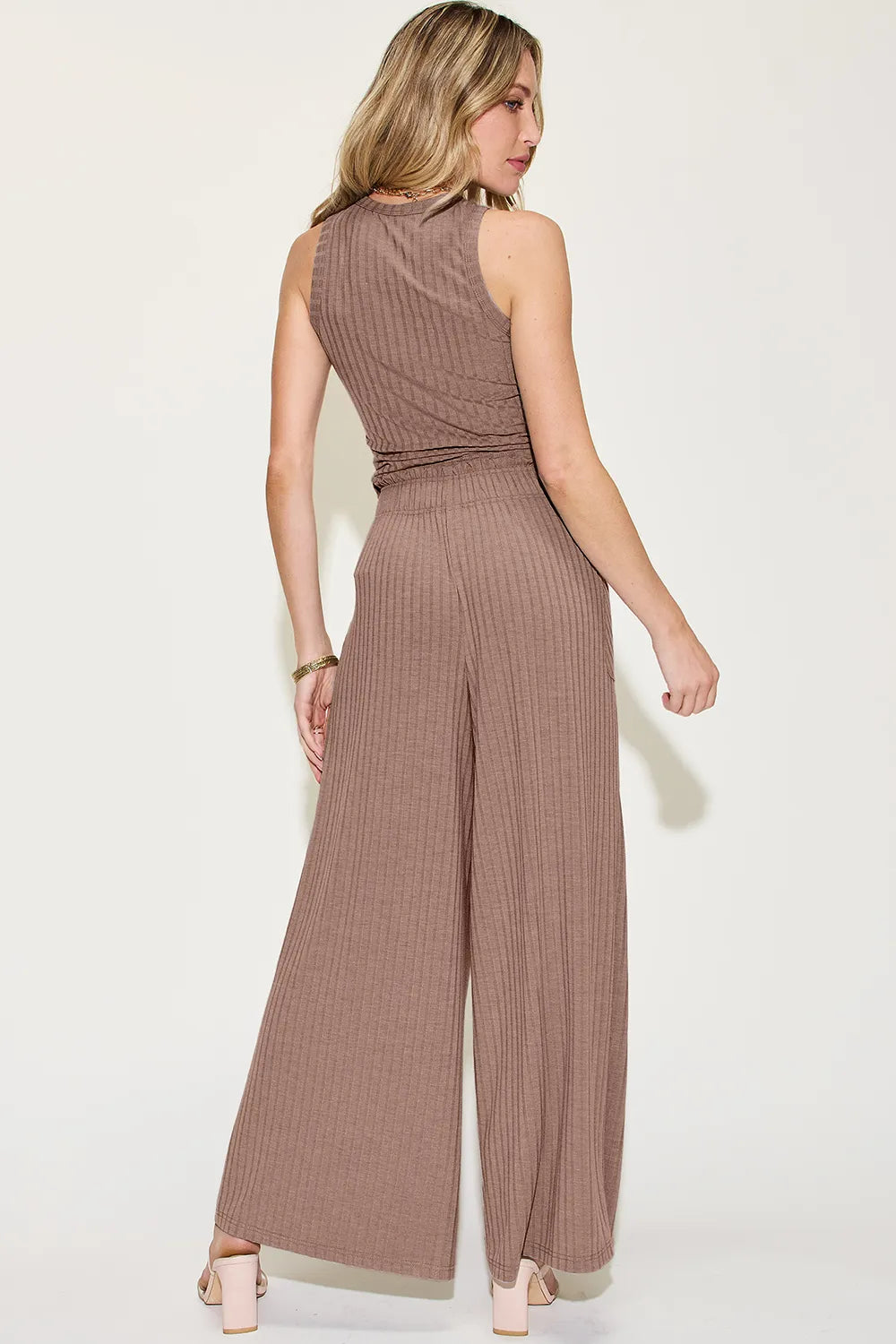 Basic Bae Full Size Ribbed Tank and Wide Leg Pants Set - Gray / S