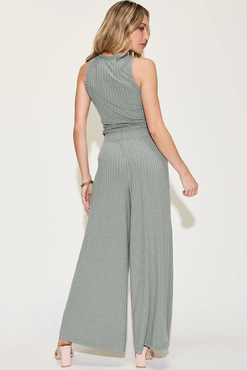 Basic Bae Full Size Ribbed Tank and Wide Leg Pants Set - Gray / S