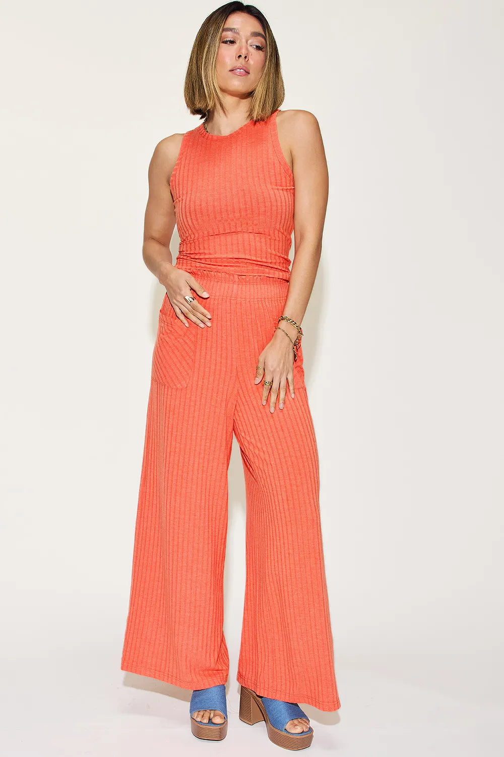 Basic Bae Full Size Ribbed Tank and Wide Leg Pants Set - Gray / S
