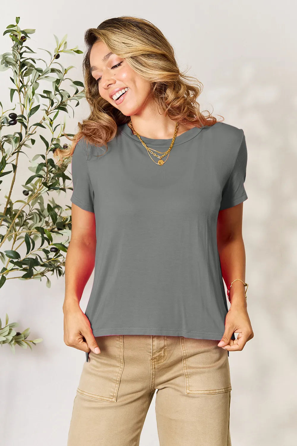 Basic Bae Round Neck Short Sleeve T-Shirt - Gray / S