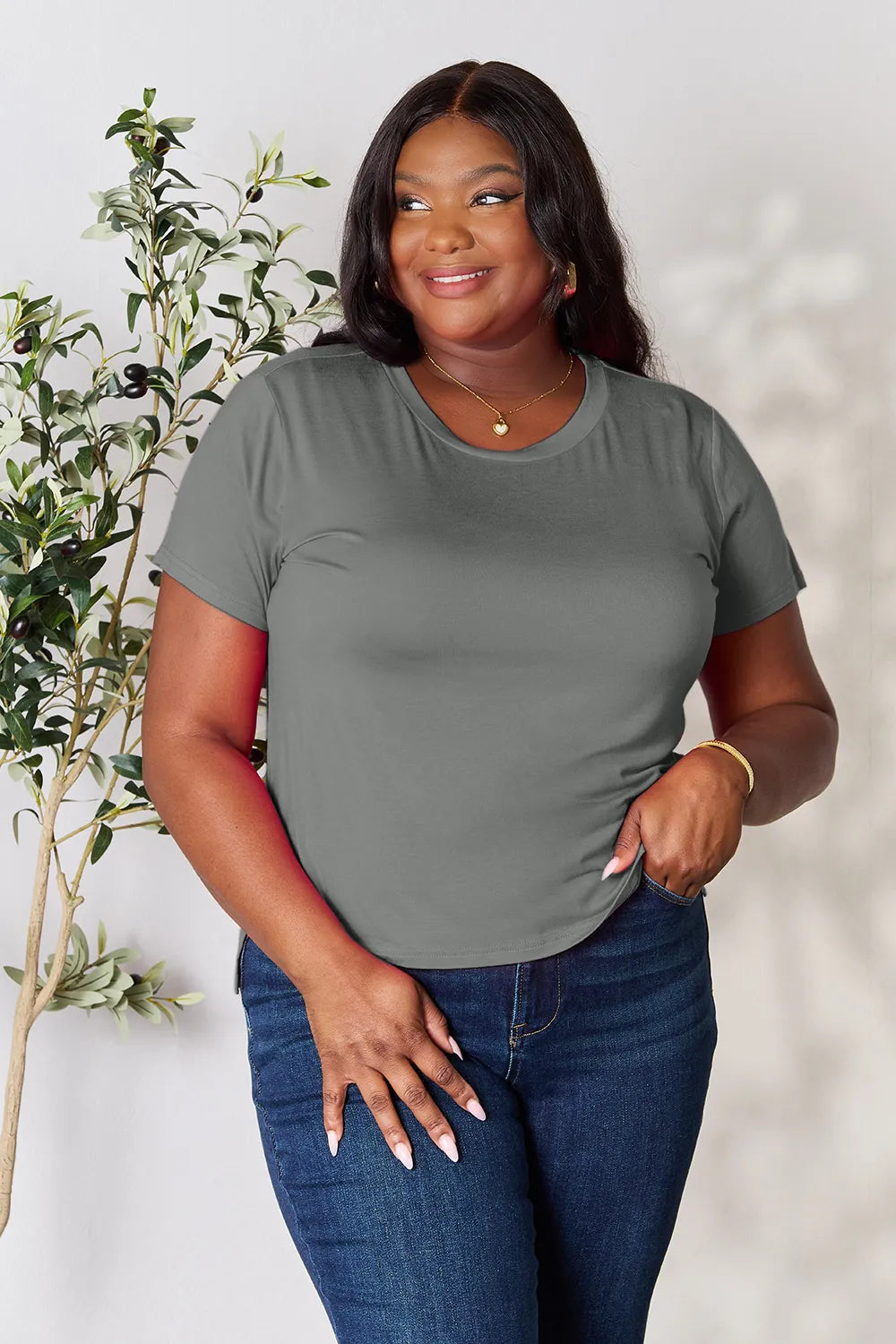 Basic Bae Round Neck Short Sleeve T-Shirt - Gray / S