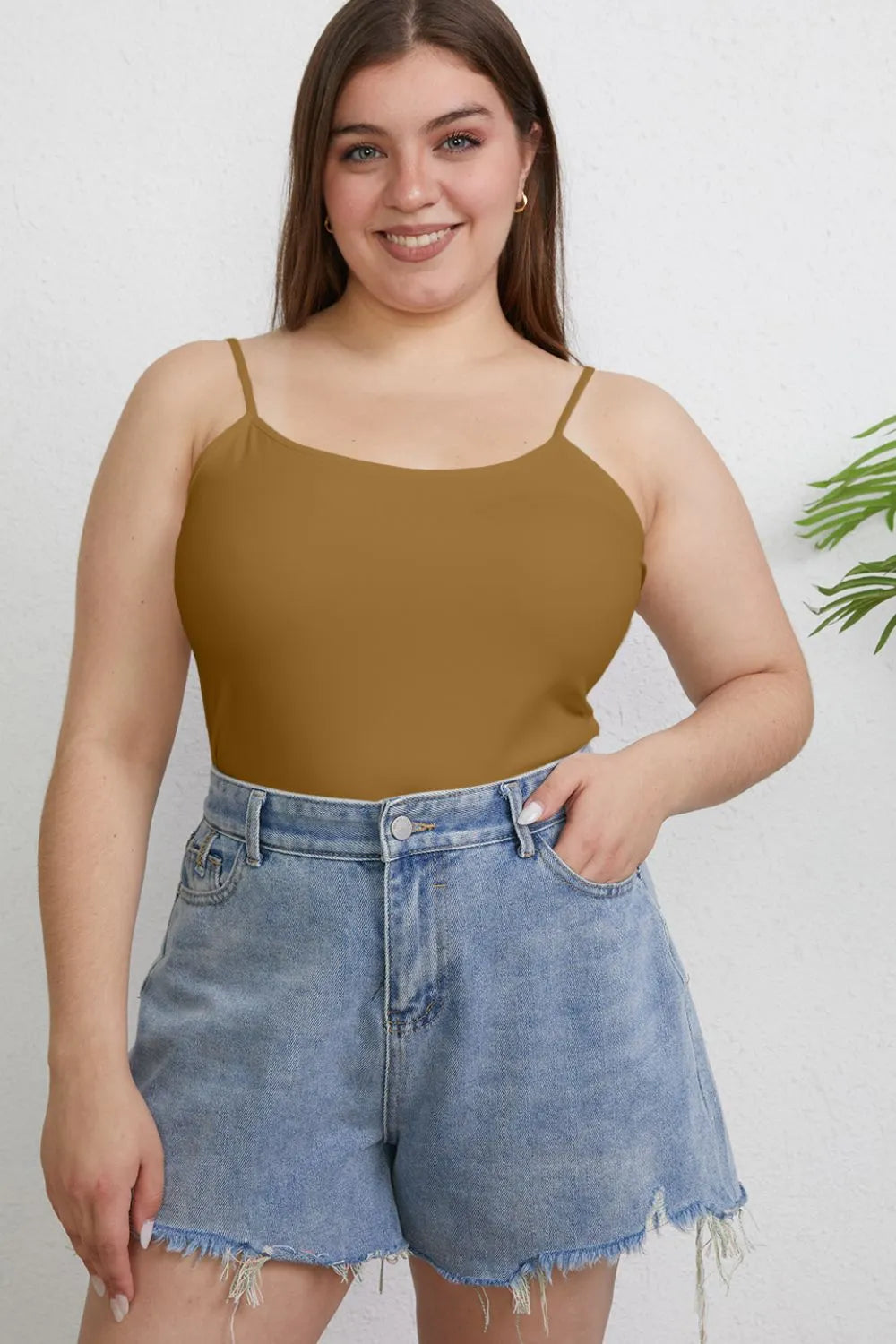 Basic Bae Full Size Round Neck Slim Cami Plus Size - Camel / S