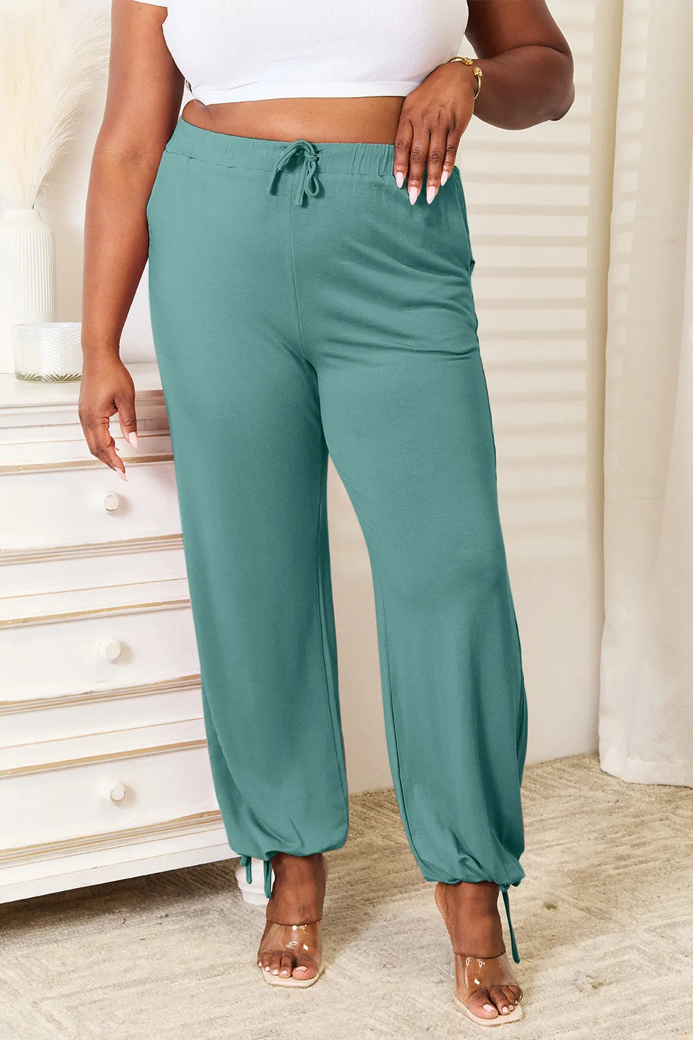 Basic Bae Full Size Soft Rayon Drawstring Waist Pants with Pockets - Turquoise / S