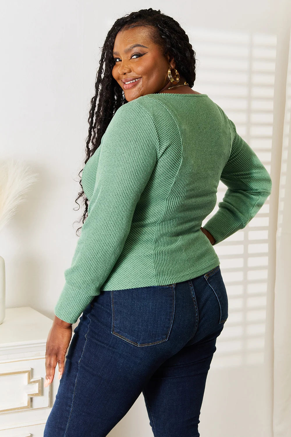 Basic Bae Scoop Neck Long Sleeve Top - Green - Green / S