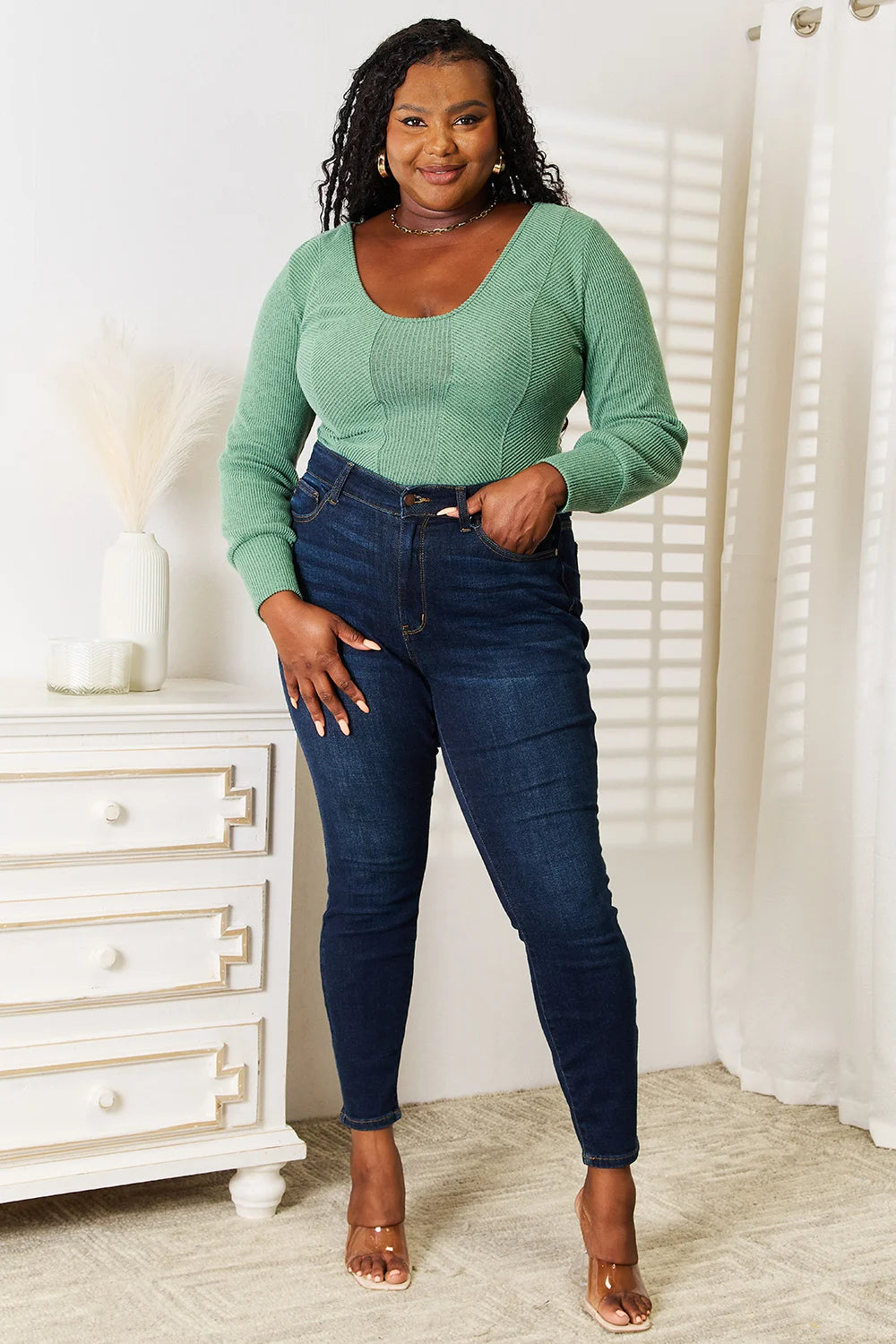 Basic Bae Scoop Neck Long Sleeve Top - Green - Green / S