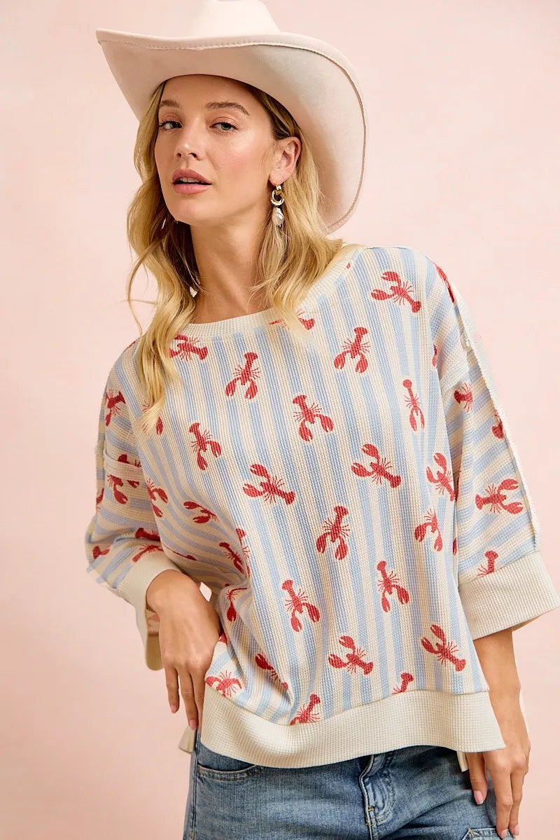 BiBi 4th Of July Lobsters Stripe Waffle Knit Sleeve Top - Light Blue/Red / S