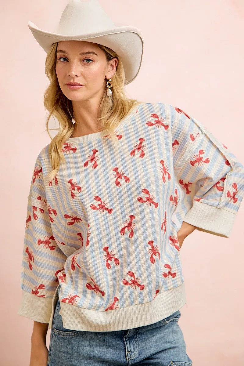 BiBi 4th Of July Lobsters Stripe Waffle Knit Sleeve Top - Light Blue/Red / S