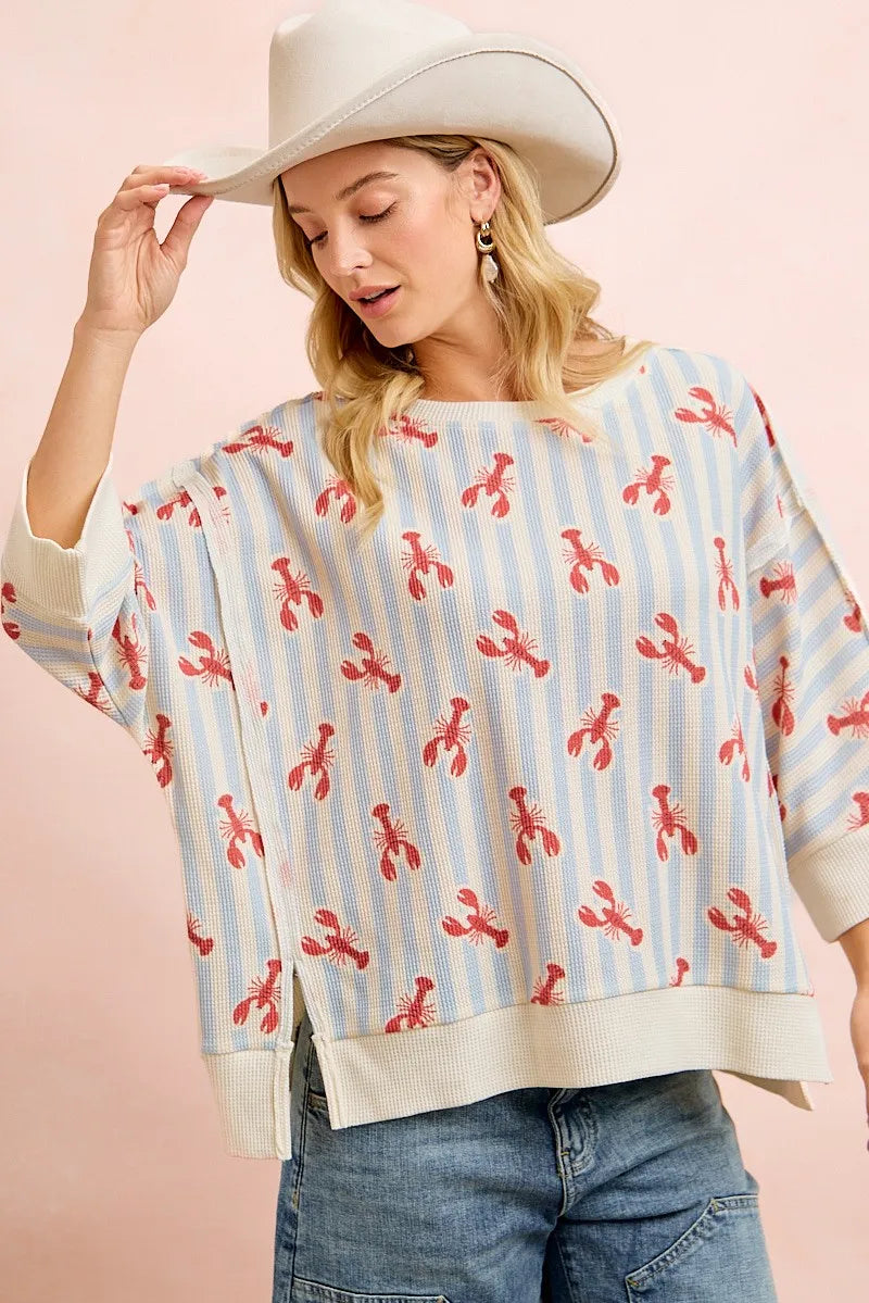 BiBi 4th Of July Lobsters Stripe Waffle Knit Sleeve Top - Light Blue/Red / S