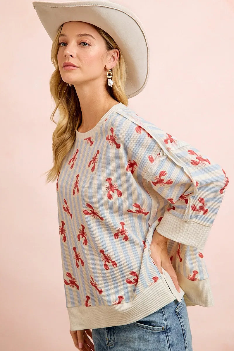 BiBi 4th Of July Lobsters Stripe Waffle Knit Sleeve Top - Light Blue/Red / S