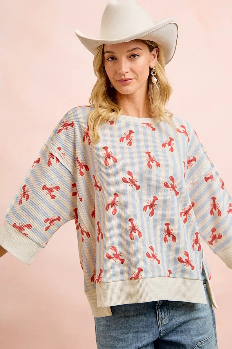 BiBi 4th Of July Lobsters Stripe Waffle Knit Sleeve Top - Light Blue/Red / S