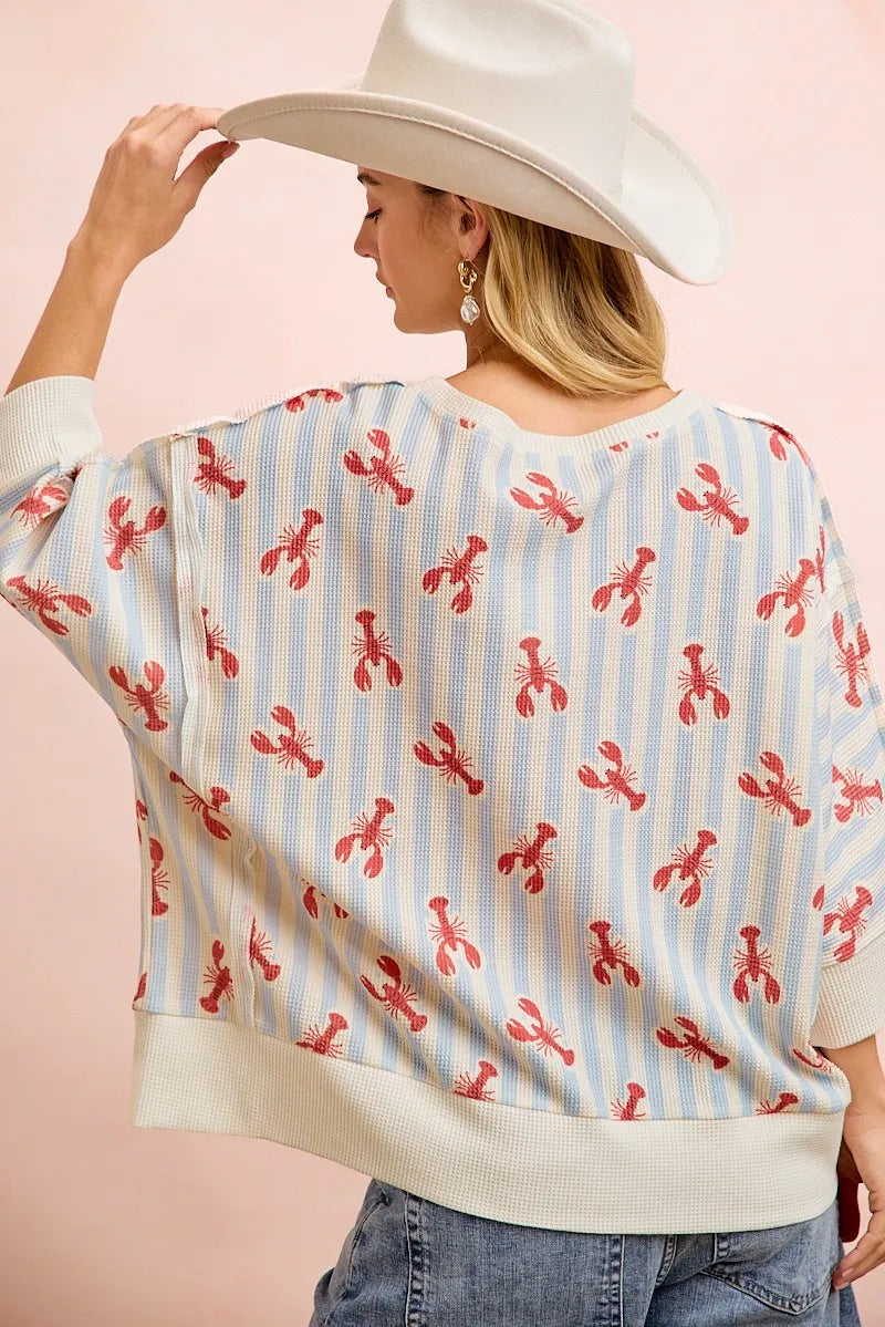 BiBi 4th Of July Lobsters Stripe Waffle Knit Sleeve Top - Light Blue/Red / S
