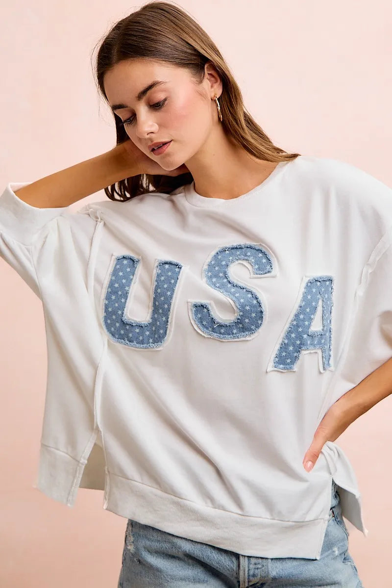 BiBi 4th Of July Usa Letter Patchwork French Terry Top - Ivory / S