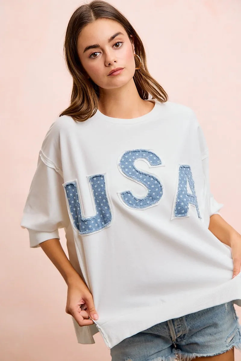 BiBi 4th Of July Usa Letter Patchwork French Terry Top - Ivory / S