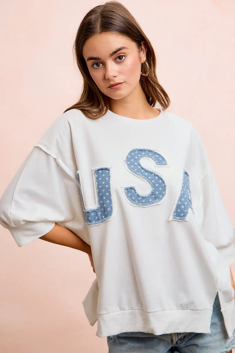 BiBi 4th Of July Usa Letter Patchwork French Terry Top - Ivory / S