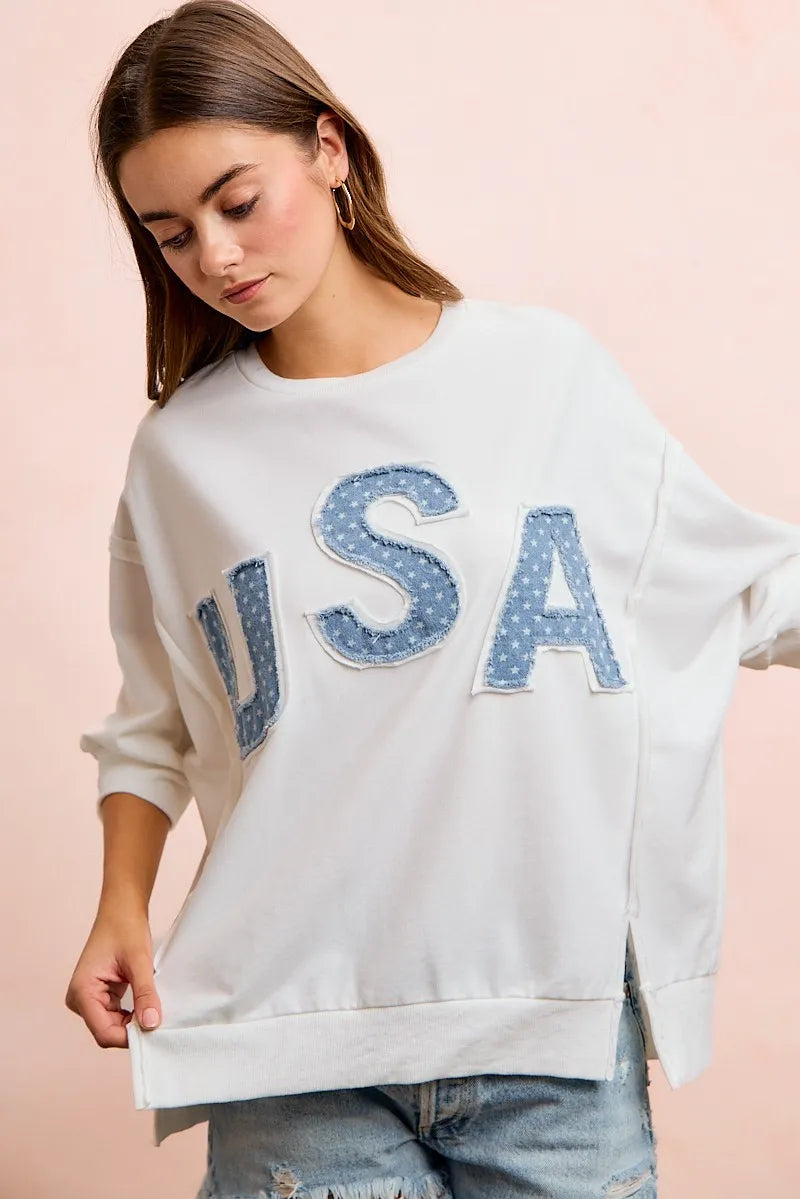 BiBi 4th Of July Usa Letter Patchwork French Terry Top - Ivory / S