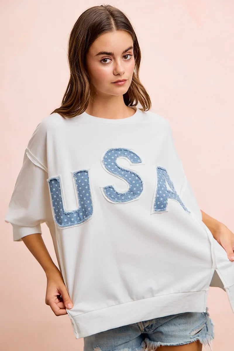 BiBi 4th Of July Usa Letter Patchwork French Terry Top - Ivory / S