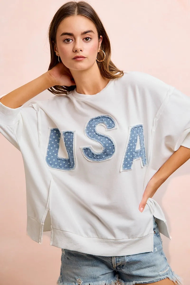 BiBi 4th Of July Usa Letter Patchwork French Terry Top - Ivory / S