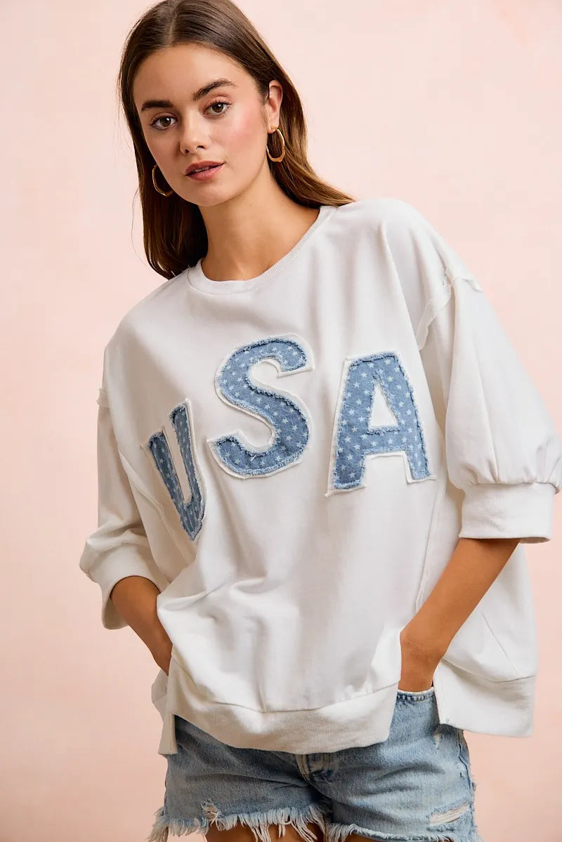 BiBi 4th Of July Usa Letter Patchwork French Terry Top - Ivory / S