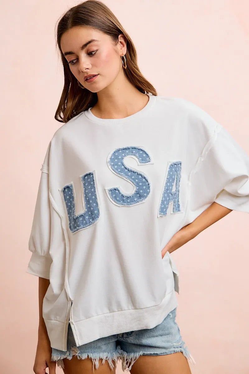 BiBi 4th Of July Usa Letter Patchwork French Terry Top - Ivory / S