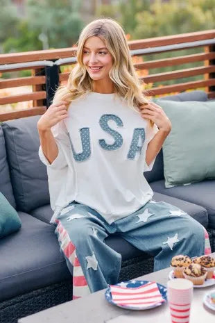 BiBi 4th Of July Usa Letter Patchwork French Terry Top - Ivory / S