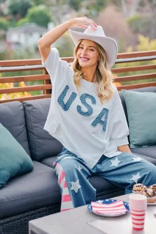 BiBi 4th Of July Usa Letter Patchwork French Terry Top - Ivory / S