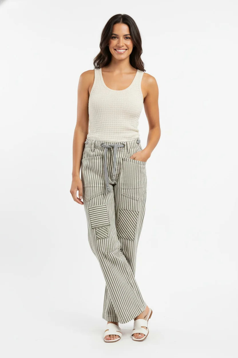 BiBi Drawstring Striped Twill Barrel Pants - GREY / S