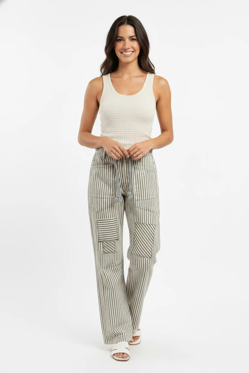 BiBi Drawstring Striped Twill Barrel Pants - GREY / S