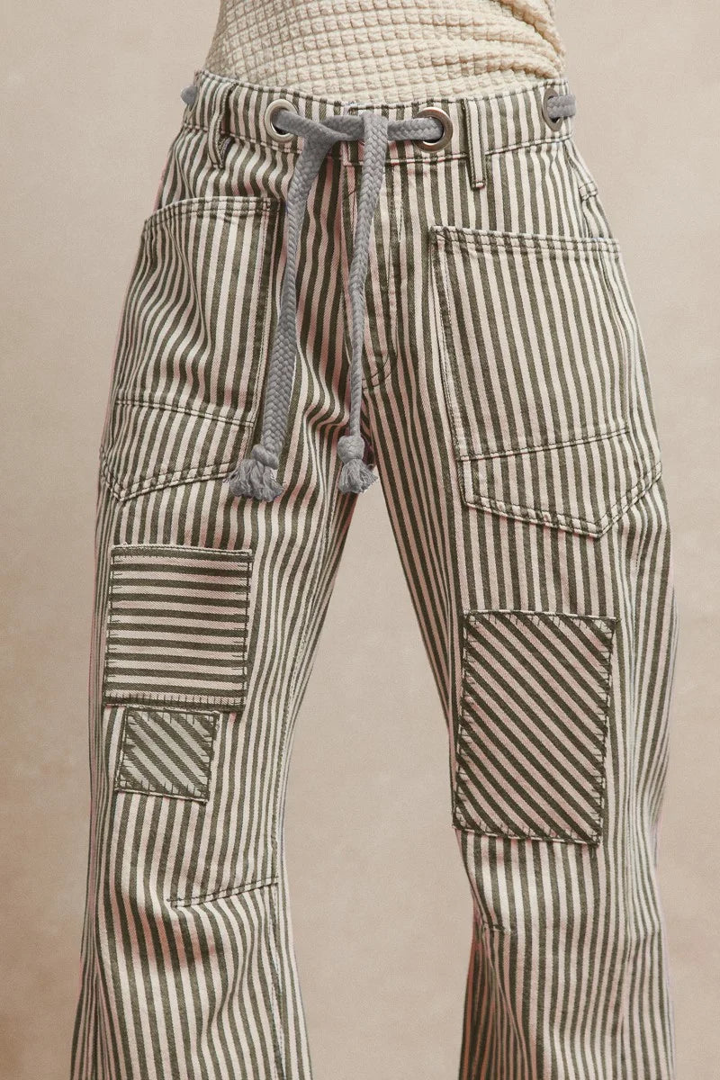 BiBi Drawstring Striped Twill Barrel Pants - GREY / S