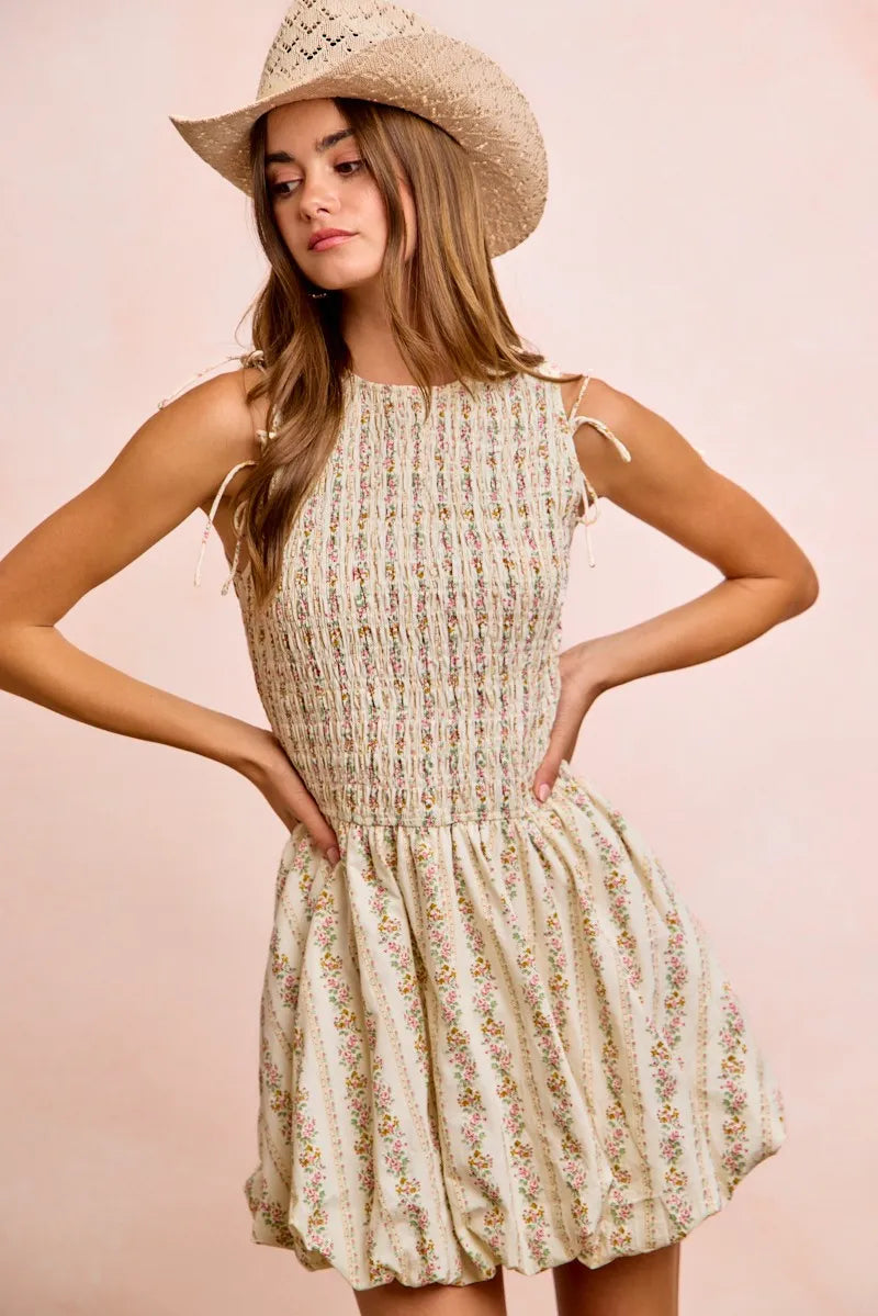 BiBi Floral Bow Tie Attachable Puff Sleeves Dress - IVORY / S