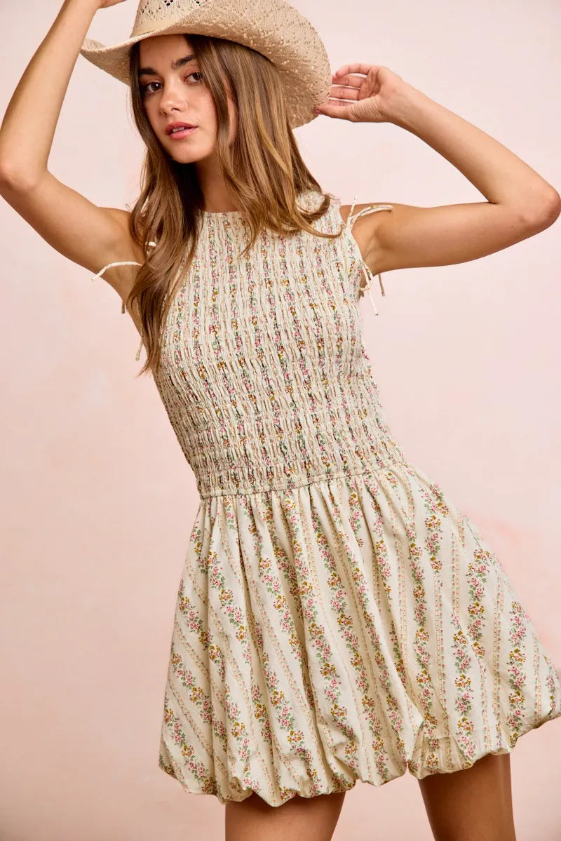 BiBi Floral Bow Tie Attachable Puff Sleeves Dress - IVORY / S