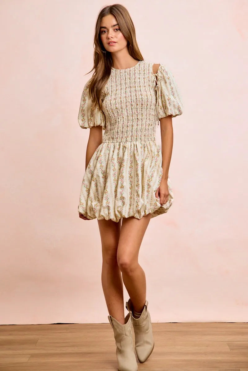 BiBi Floral Bow Tie Attachable Puff Sleeves Dress - IVORY / S