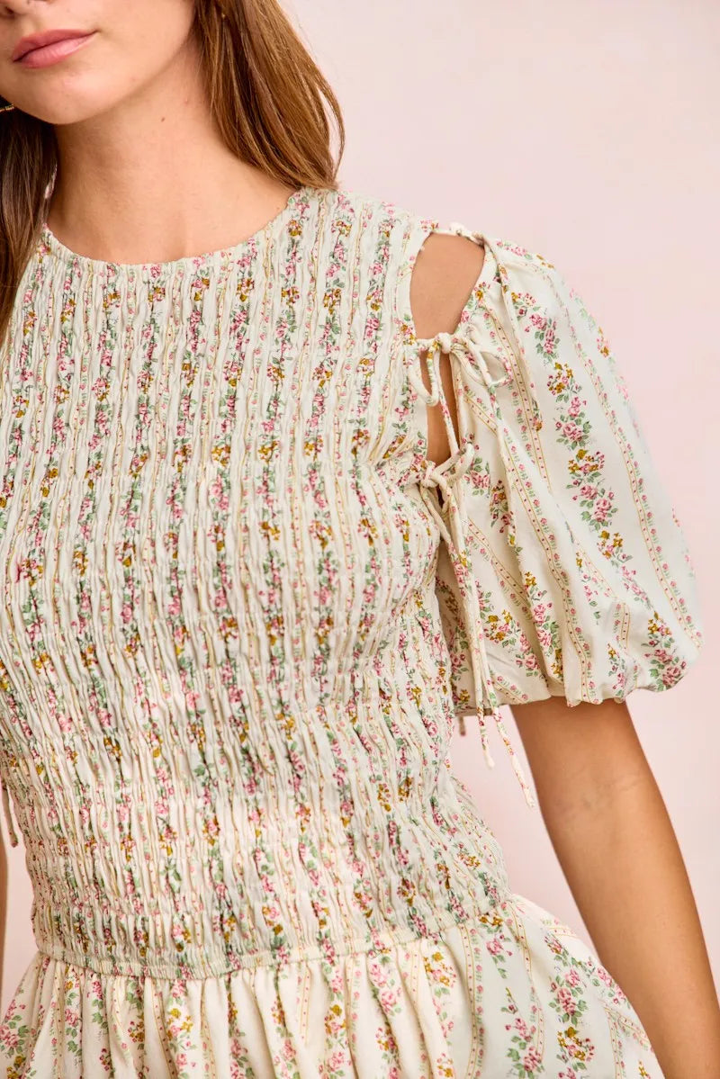 BiBi Floral Bow Tie Attachable Puff Sleeves Dress - IVORY / S