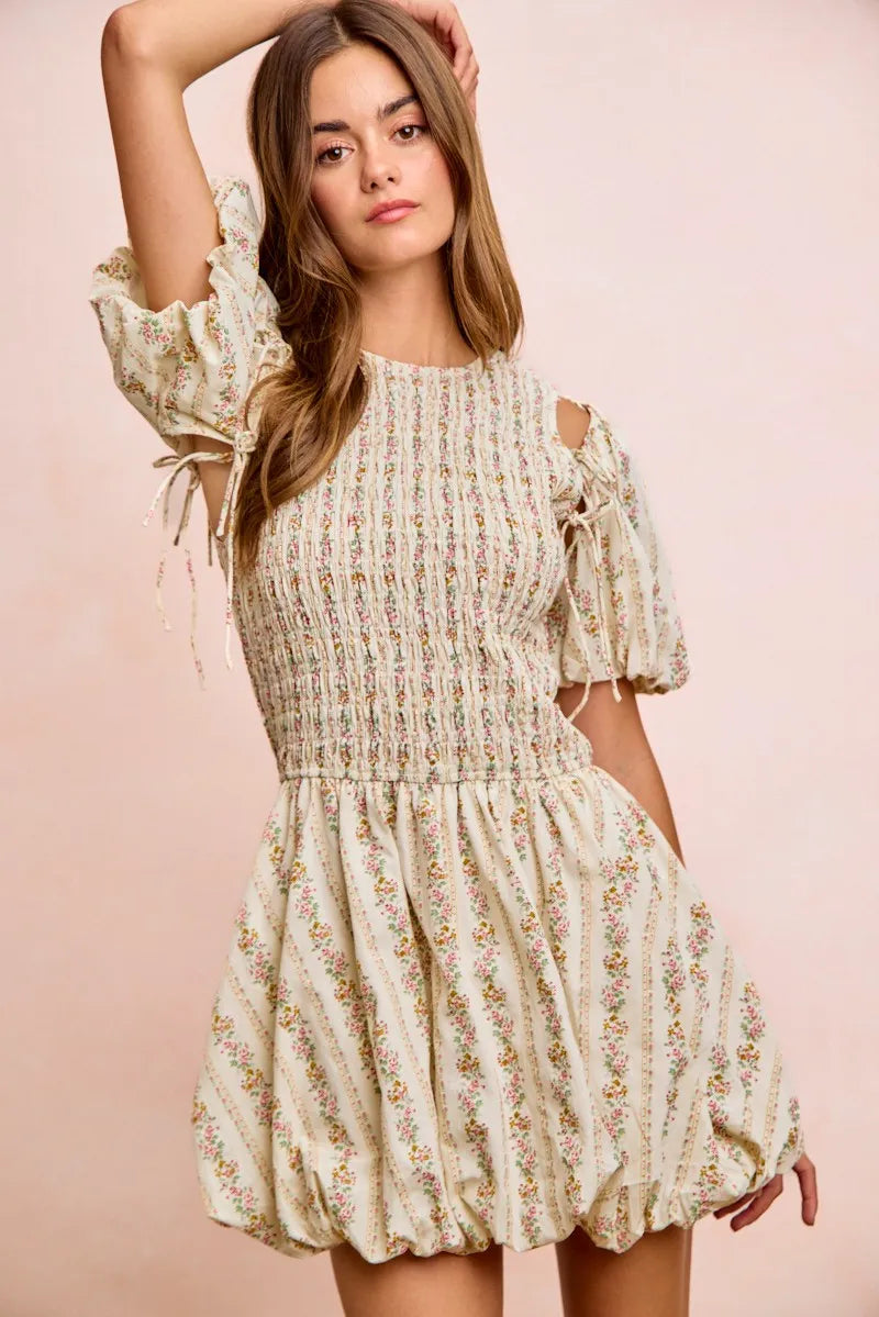 BiBi Floral Bow Tie Attachable Puff Sleeves Dress - IVORY / S