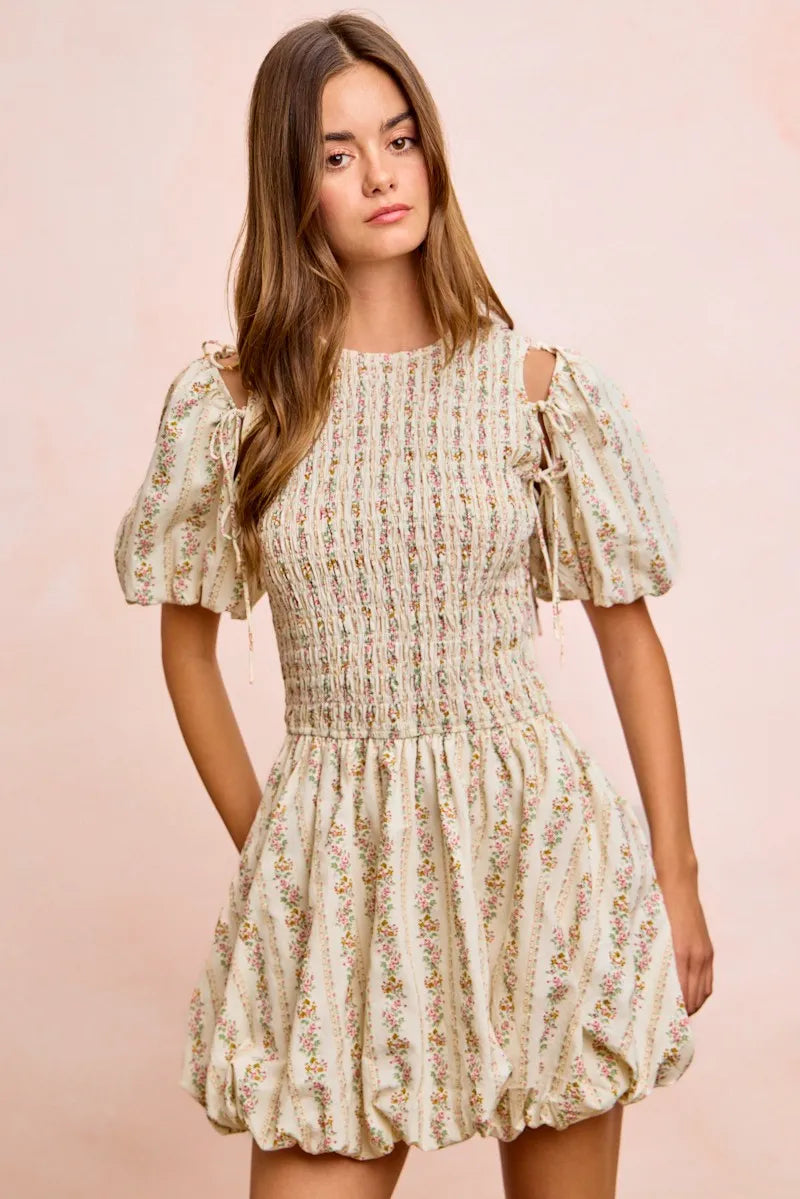 BiBi Floral Bow Tie Attachable Puff Sleeves Dress - IVORY / S
