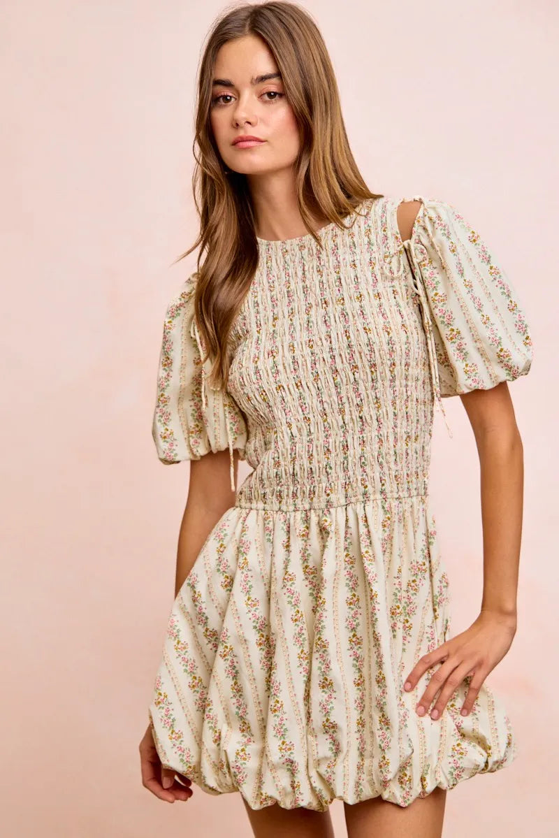 BiBi Floral Bow Tie Attachable Puff Sleeves Dress - IVORY / S