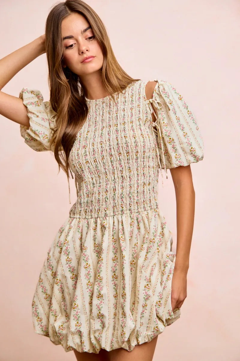 BiBi Floral Bow Tie Attachable Puff Sleeves Dress - IVORY / S
