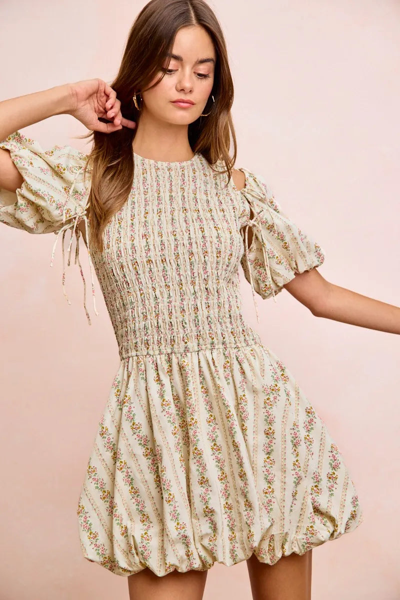 BiBi Floral Bow Tie Attachable Puff Sleeves Dress - IVORY / S