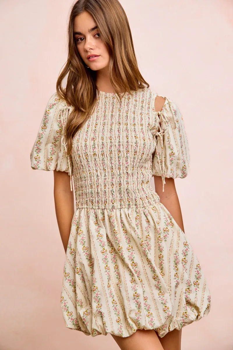 BiBi Floral Bow Tie Attachable Puff Sleeves Dress - IVORY / S