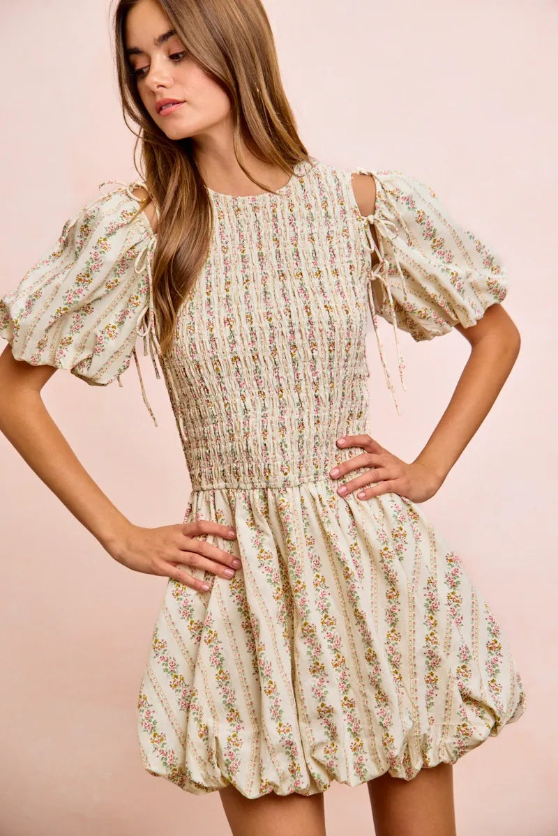BiBi Floral Bow Tie Attachable Puff Sleeves Dress - IVORY / S