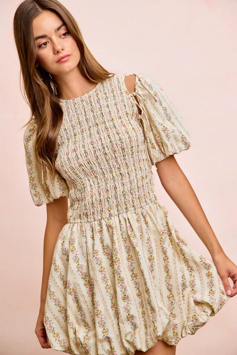 BiBi Floral Bow Tie Attachable Puff Sleeves Dress - IVORY / S