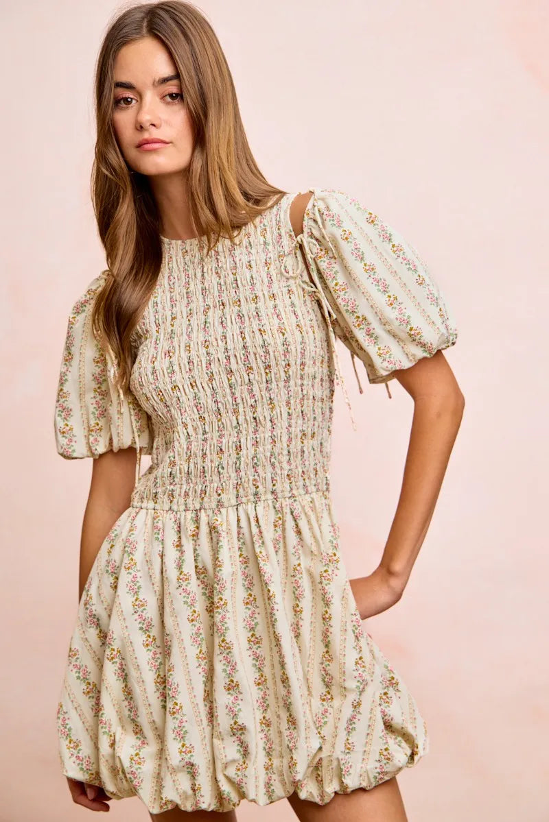 BiBi Floral Bow Tie Attachable Puff Sleeves Dress - IVORY / S
