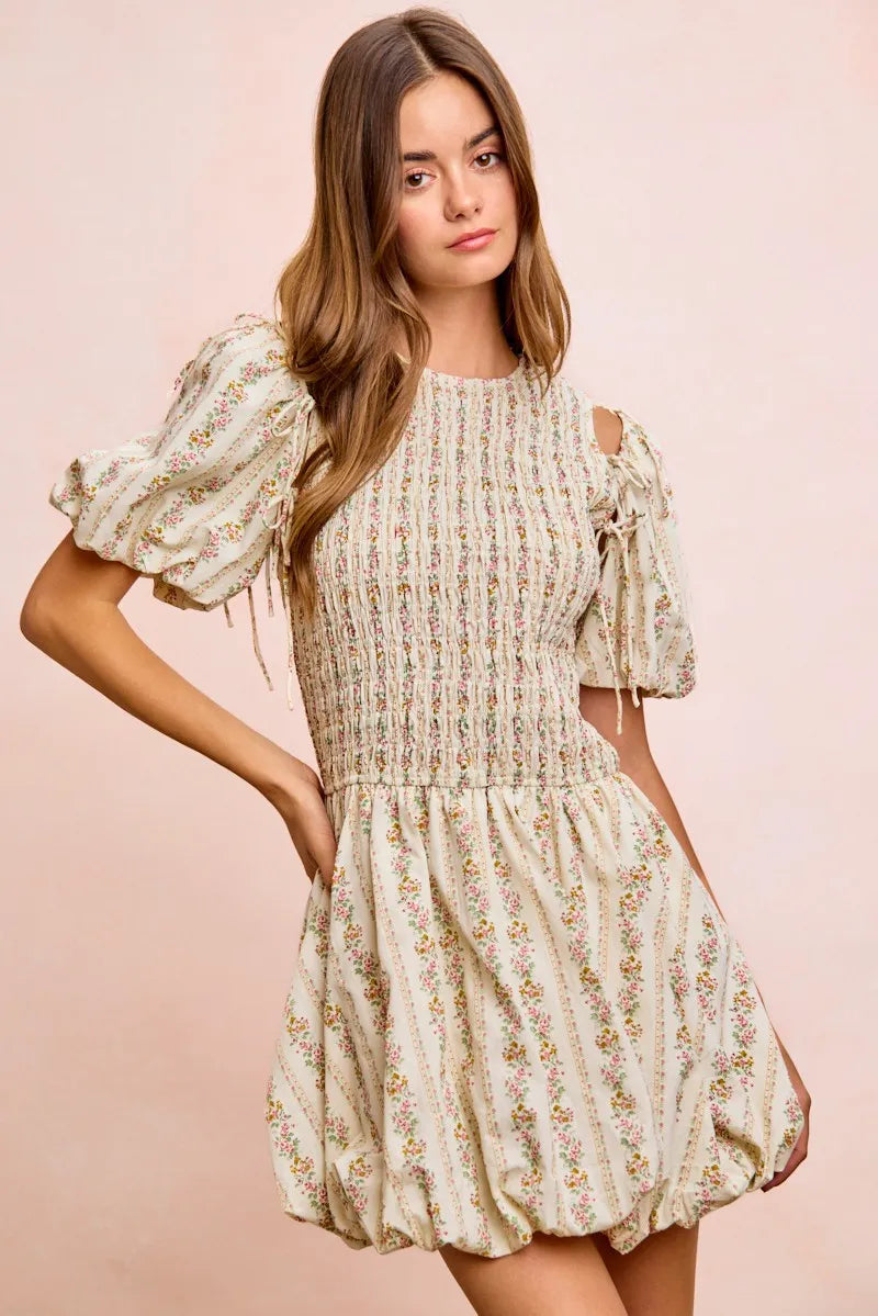BiBi Floral Bow Tie Attachable Puff Sleeves Dress - IVORY / S