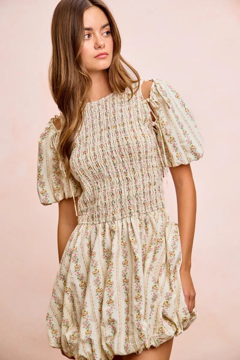 BiBi Floral Bow Tie Attachable Puff Sleeves Dress - IVORY / S