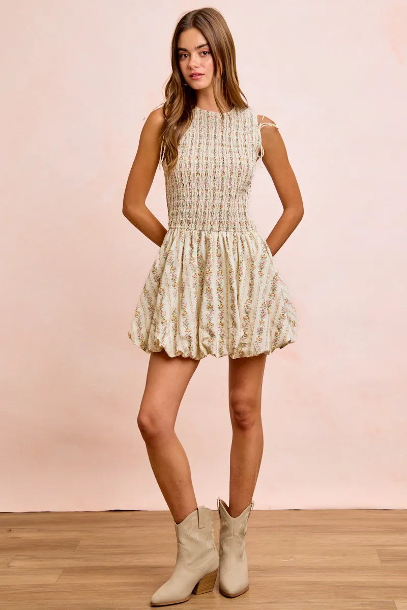 BiBi Floral Bow Tie Attachable Puff Sleeves Dress - IVORY / S