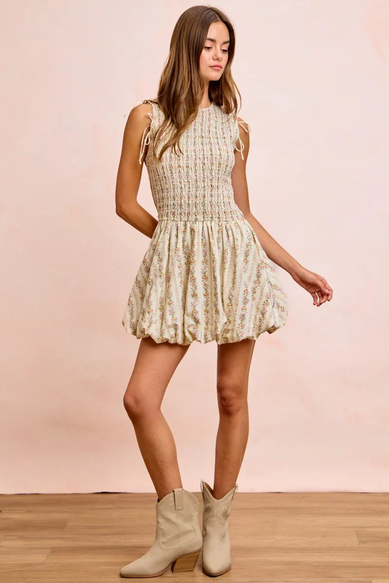 BiBi Floral Bow Tie Attachable Puff Sleeves Dress - IVORY / S