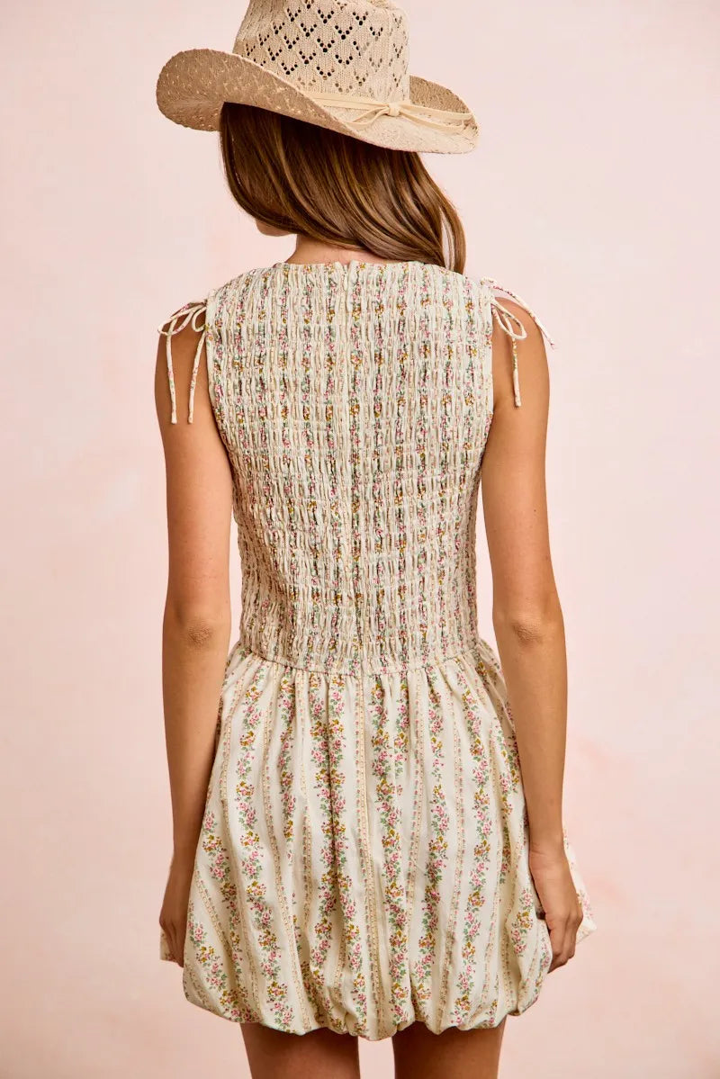 BiBi Floral Bow Tie Attachable Puff Sleeves Dress - IVORY / S